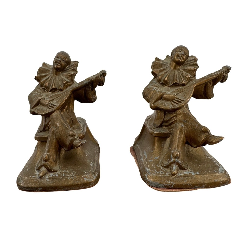 Vintage Art Deco Pierrot Clown Lute Player Bookends Set Bronze Tone Metal Pair